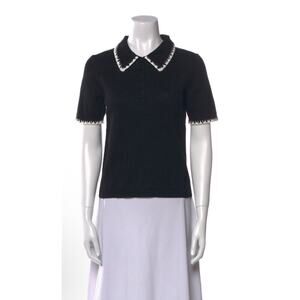 Caroline Constas Short Sleeve Black Ribbed Sweater Polo White Trim Sz S NWT $165